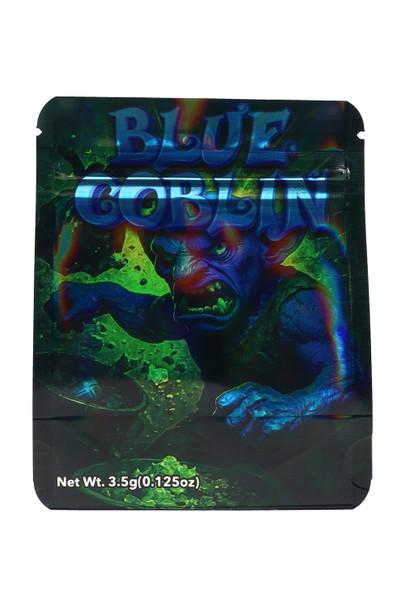 Holographic 3.5 g mylar bag, Gelato Goblin blue creature artwork on dark green scene, front view for wholesale buyers