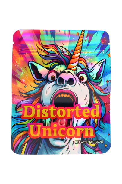 Holographic 1/8 oz mylar bag featuring Distorted Unicorn rainbow unicorn head art, front view for head-shop supplies