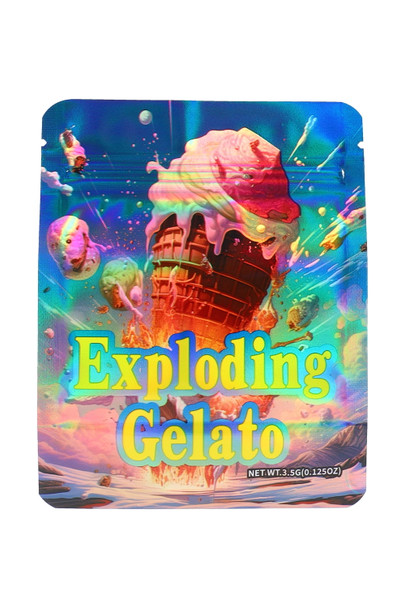 Holographic 1/8 oz mylar bag showing Exploding Gelato ice cream blast art, front view for B2B packaging section
