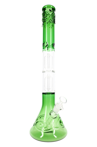Green GoG beaker water pipe, 20" tall with double tree percs and angled joint—wholesale glass for smoke shops.