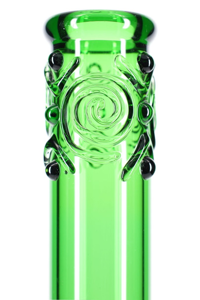 Green glass neck close-up with spiral maria and black accents—wholesale water pipe detail for smoke shop displays.