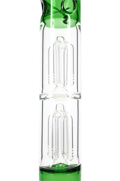 Close-up of double tree percolators inside clear chamber—wholesale water pipe detail for head-shop supplies.