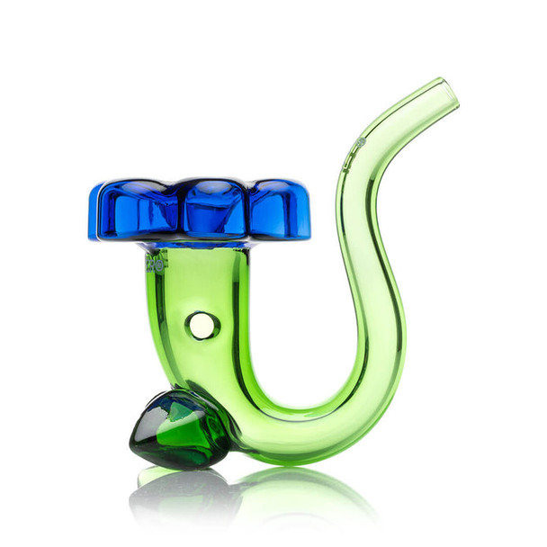 Green Sherlock glass hand pipe profile showing side carb and blue flower bowl, smoke-shop display case staple