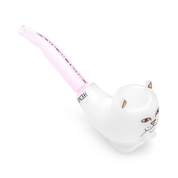 Close angled view of white cat glass hand pipe with pink stem and logo, wholesale hand pipe for resale cases