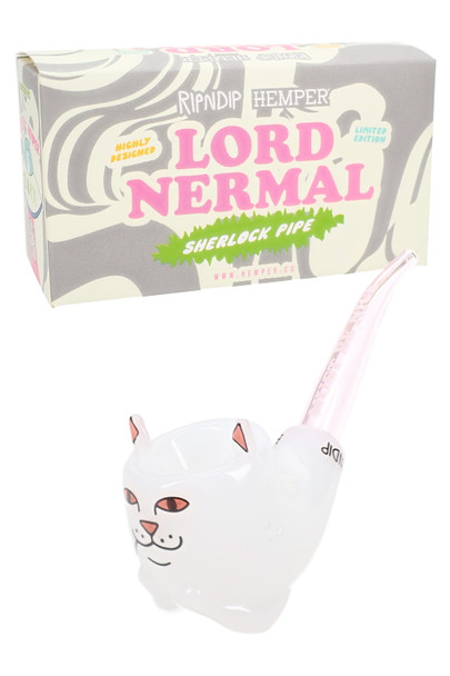 RIPNDIP x Hemper Lord Nermal pipe with branded box, white cat glass and pink stem, wholesale hand pipe display