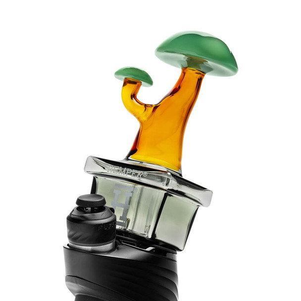 Side angle Zen Bonsai Peak attachment on device, green canopy and amber stem detail, resale-ready Puffco add-on