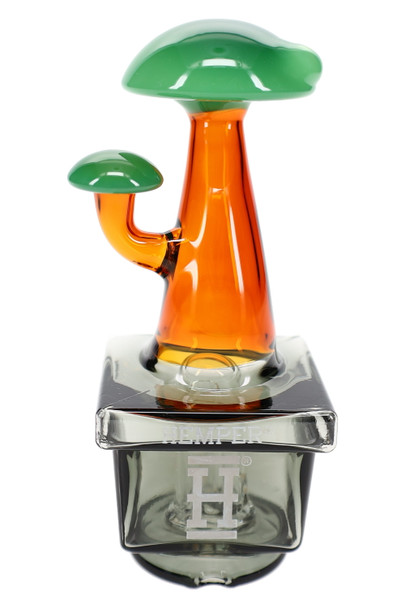 Front view Zen Bonsai Peak top, green canopy with amber stem over smoked square base, wholesale accessory shot