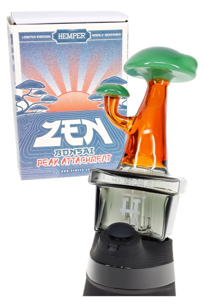 Hemper Zen Bonsai Peak top with retail box on device, green canopy and amber stem, wholesale Puffco accessory