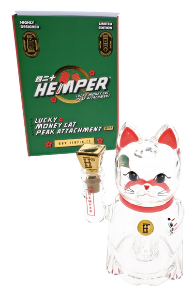 Hemper Lucky Money Cat Peak top beside green retail box, clear cat body and gold mouthpiece, head-shop supplies