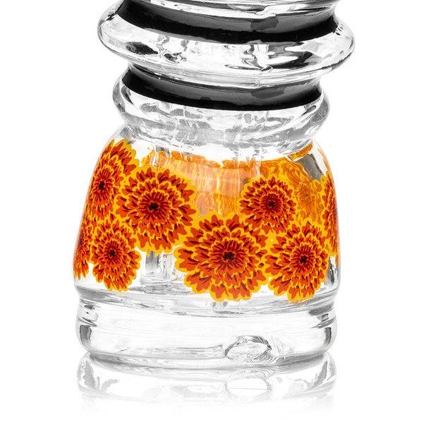 Close-up marigold flower pattern inside lower glass chamber, detailed wholesale Puffco accessory product image