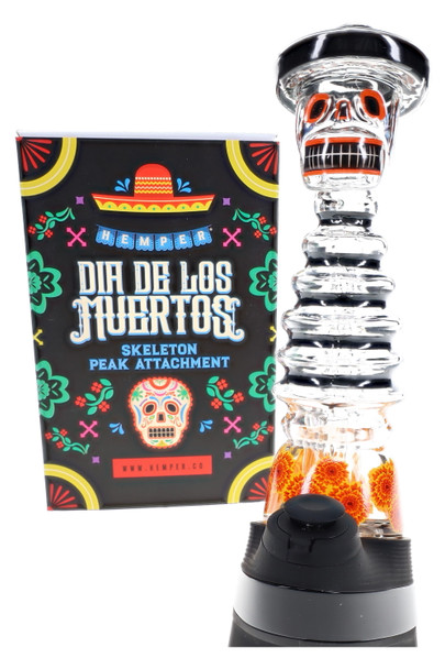 Hemper Dia de los Muertos Skeleton Peak attachment with retail box, wholesale Puffco accessory display shot