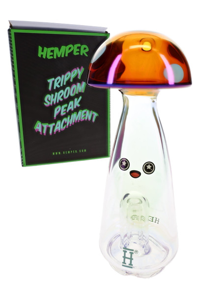 Hemper Trippy Shroom Peak attachment and box, amber mushroom cap with spots, head-shop supplies for resale