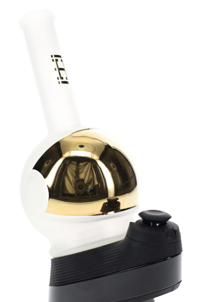 Angled Space Fleet Peak top on device, frosted white glass with gold helmet visor, head-shop supplies upgrade