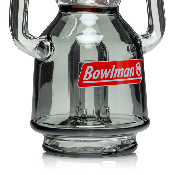 Close-up of smoke glass base showing Bowlman decal and inner perc section, wholesale Puffco accessory detail