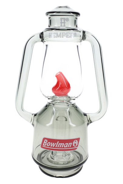 Front view lantern Peak top with Hemper mark and Bowlman decal on smoke glass, wholesale Puffco accessory display