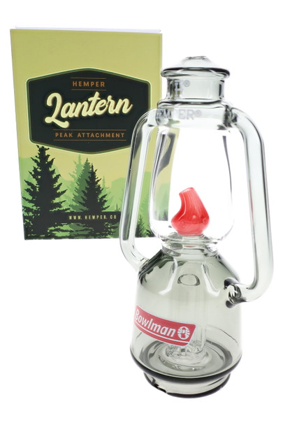 Hemper Lantern Peak attachment beside branded box, clear lantern chamber and red flame detail, head-shop supplies