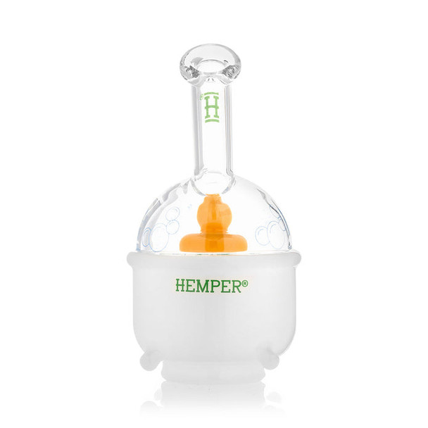 Rear view Ducky Peak top showing HEMPER logo on white base, bubble decal dome, retail smoke gear add-on