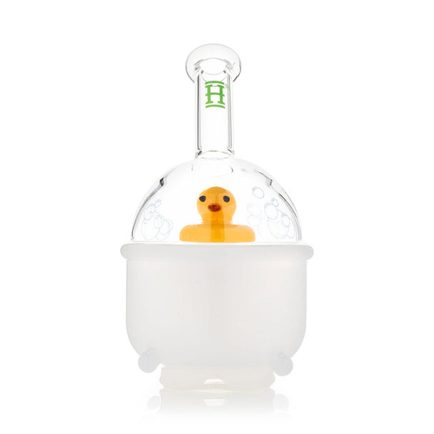 Front studio shot Ducky Peak attachment, white tub base and duck inside clear dome, wholesale Puffco accessory