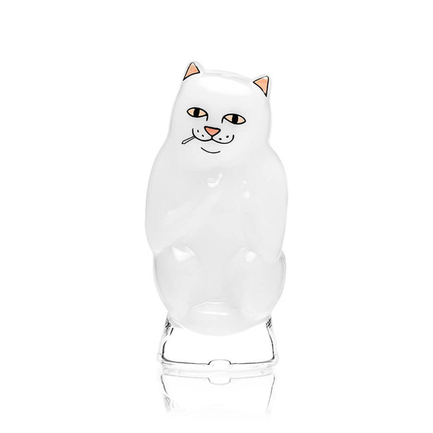 Solo front shot of white High Nermal cat glass Peak top, compact character design for head-shop supplies