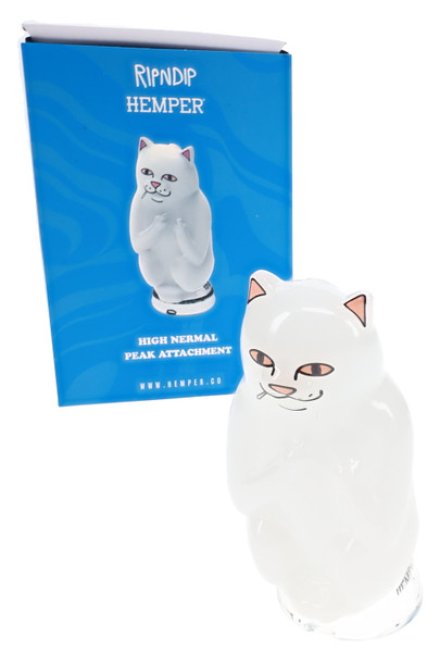 Blue RIPNDIP x Hemper box behind white High Nermal Peak attachment, shelf-ready wholesale head-shop supplies
