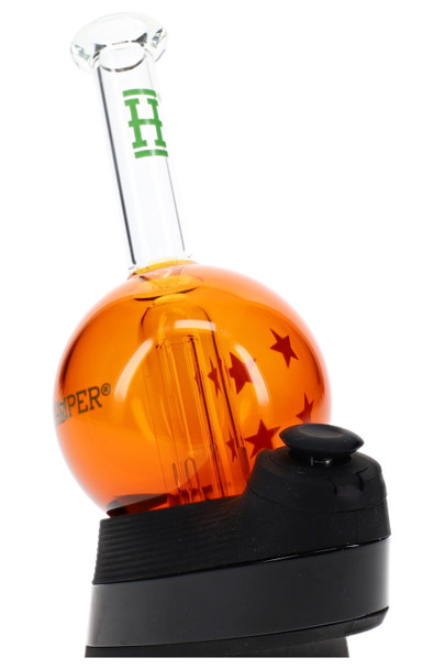 Side view orange wish ball glass Peak top with green H logo mouthpiece, smoke shop Puffco accessory upgrade