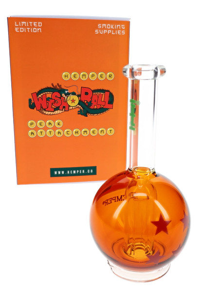 Hemper Wish Ball Peak attachment next to orange box, star graphics on orb chamber, retail-ready head-shop supply