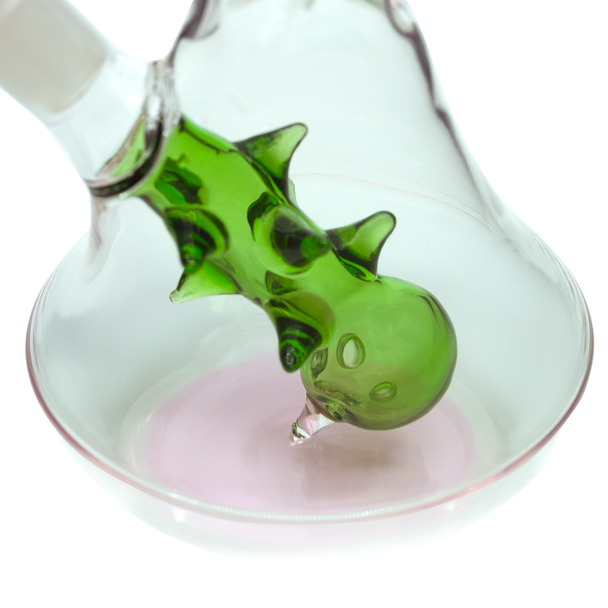 Close-up of green stem ball percolator inside base, detailed wholesale bong feature shot for retailers