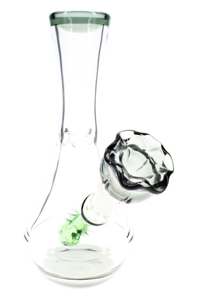 Dark-rim 7" flower vase bong with smoky rose bowl and green stem perc, retail smoke gear for wholesale shops