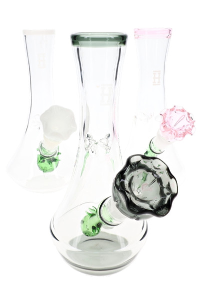 Three Hemper flower vase bongs in mixed colors with rose bowls, showcase-ready wholesale bong assortment