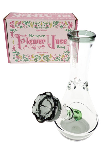 Hemper Flower Vase Bong with floral retail box, compact 7" glass for head-shop supplies display cases