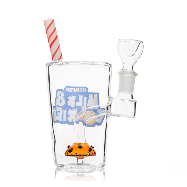 Rear angle 6" Milk & Cookies glass bong showing cookie perc and striped straw mouthpiece, retail smoke gear stock