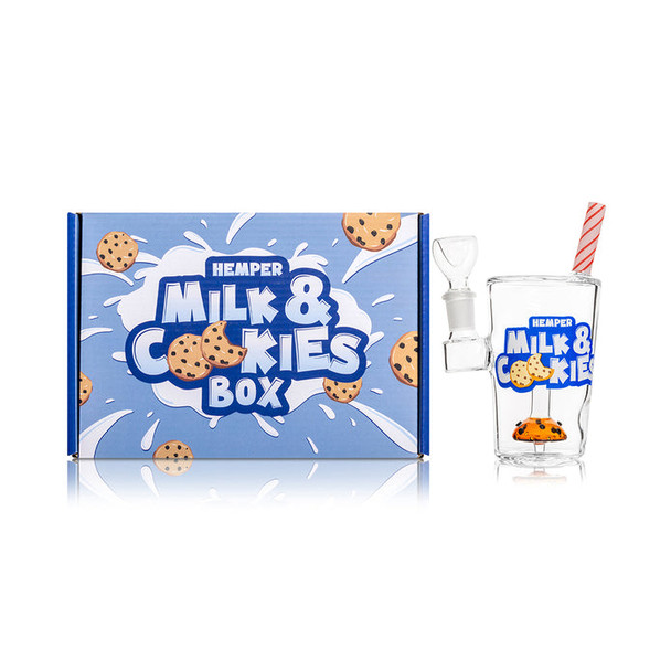 Milk & Cookies Box next to 6" mini glass bong and bowl, shelf-ready head-shop supplies for retail cases