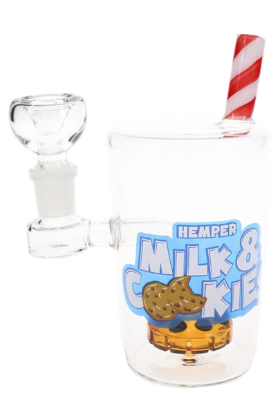 6" Hemper Milk & Cookies glass bong side view with cookie perc and striped straw mouthpiece, B2B resale piece