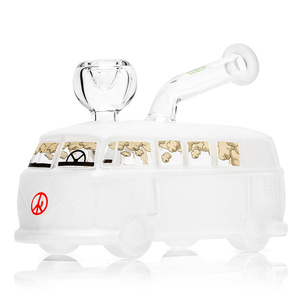 Opposite-side view of frosted van bong with bent mouthpiece and window decals, retail smoke gear restock item