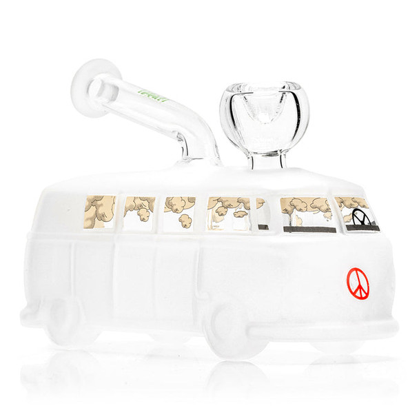 Close side view frosted van bong with peace-sign decal and window smoke graphics, wholesale bong for resale