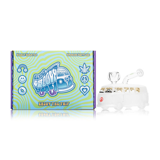 Hemper Groovy box beside mini van bong, wide hero shot for wholesale head-shop supplies product listings