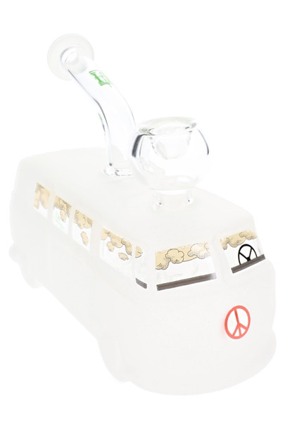 Frosted white groovy van glass bong, side angle showing bowl position, head-shop supplies for B2B resale