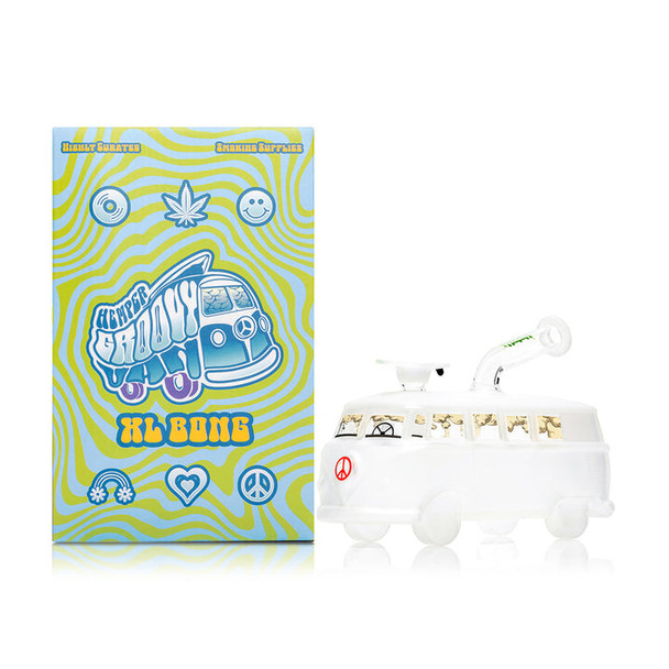 Hemper Groovy Van XL bong beside branded box, full side profile for head-shop supplies product listings