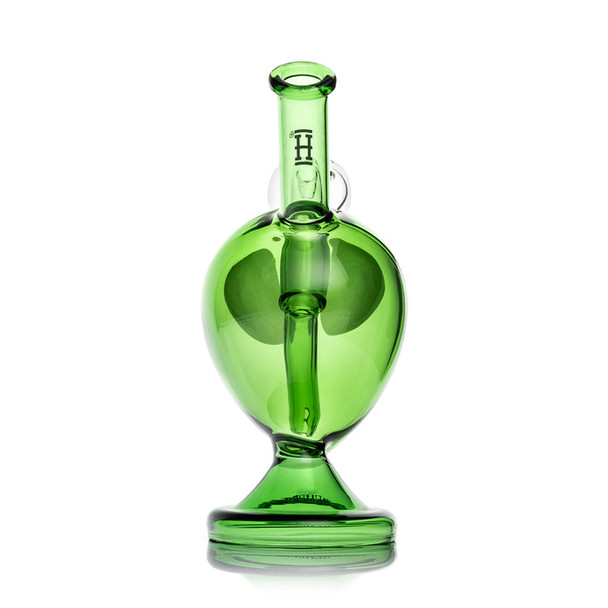Rear view green alien-head bong showing Hemper logo tube and rounded base, display-case wholesale bong stock