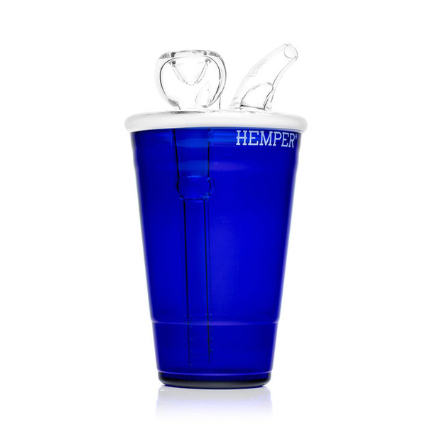 Side profile blue beer pong cup bong showing recessed joint and downstem, retail smoke gear wholesale staple