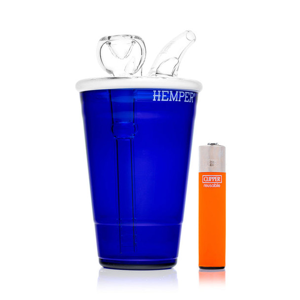 Blue beer pong cup bong next to orange lighter for size reference, compact wholesale bong for resale shelves