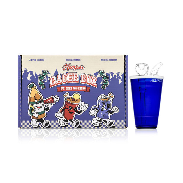 Hemper Rager Box and blue cup bong side-by-side, shelf-ready packaging for head-shop supplies merchandising