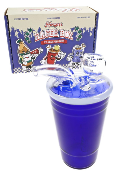 Hemper Rager Box with blue beer pong cup bong, splash-guard mouthpiece, wholesale bong for display cases