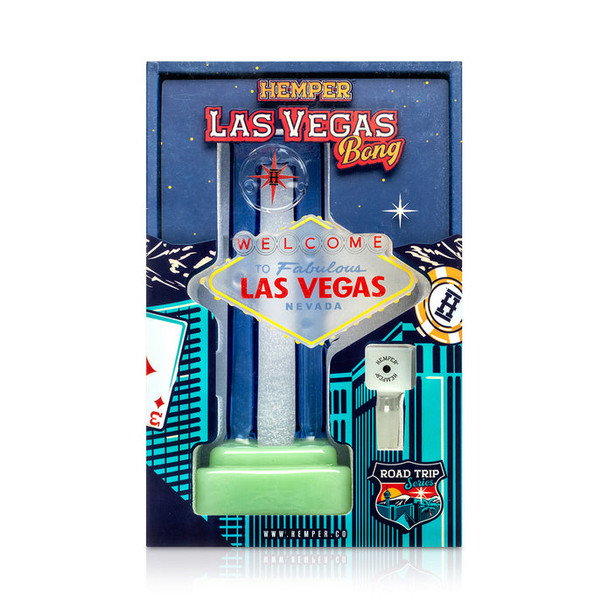 Close-up of Hemper Las Vegas Bong box front artwork with product visible, counter-ready wholesale display packaging