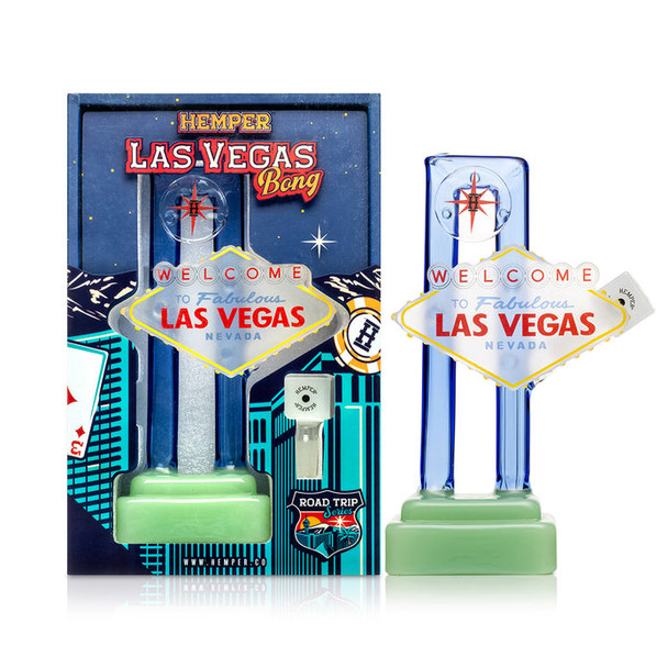 Retail box and Las Vegas sign XL bong side by side on white background, shelf-ready wholesale smoke shop glass