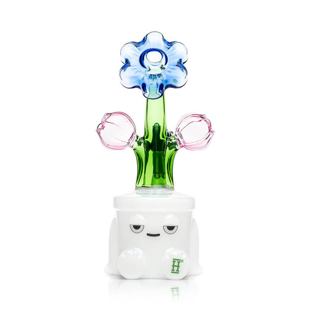 Studio front shot Bloom XL bong, blue flower top with pink bud accents over white character base—wholesale glass