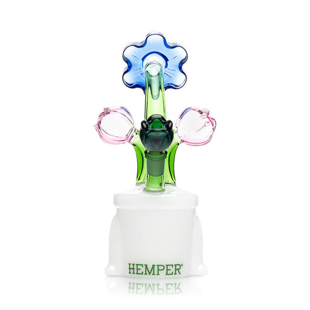 Rear view Bloom XL bong showing dark green bowl area and HEMPER logo on white base—wholesale bong photo