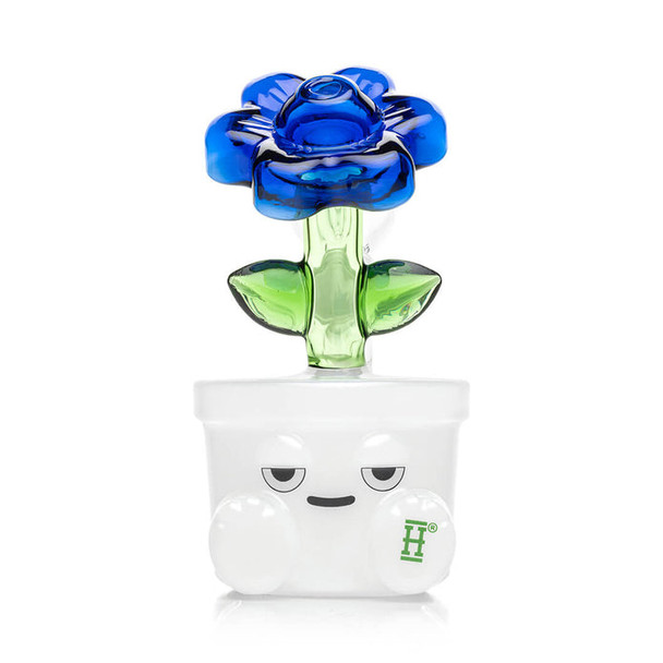 Front view Hemper Bloom glass bong, blue flower top and white base with face graphic—wholesale bong display case