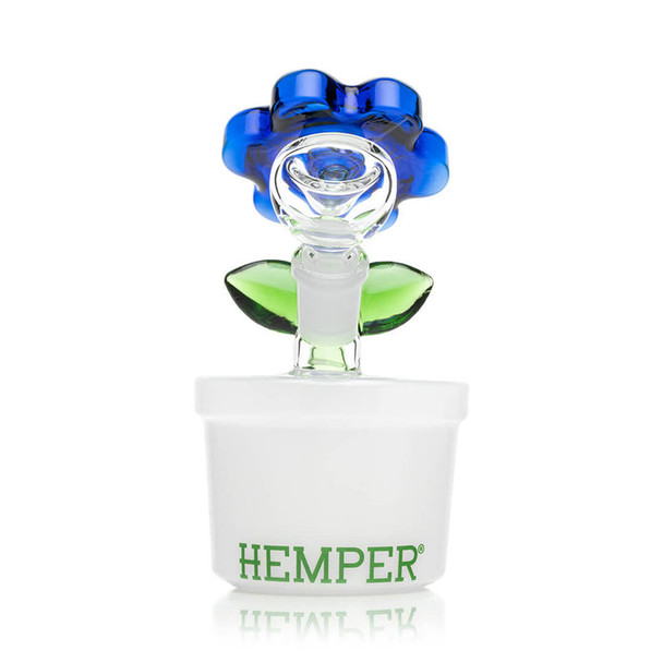 Rear view Bloom bong showing Hemper logo on white base and flower bowl angle—retail smoke gear for B2B resale