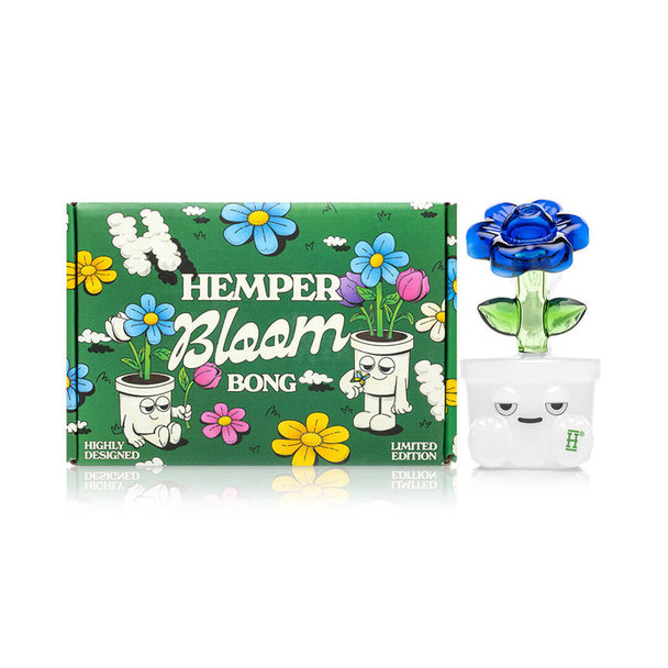 Hemper Bloom box beside compact flower-top bong on white background, shelf-ready head-shop supplies for resale